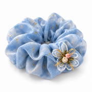 SHANZHUI Oversized Organza Scrunchie – Blue Butterfly & Pearl – side layered structure detail