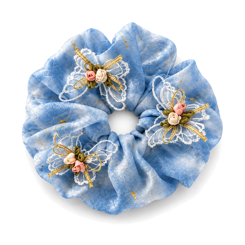 SHANZHUI Oversized Organza Scrunchie – Blue Butterfly & Pearl