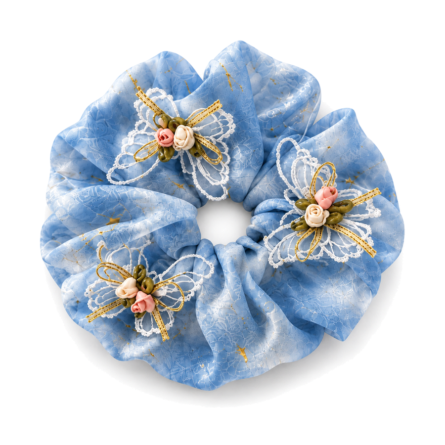 SHANZHUI Oversized Organza Scrunchie – Blue Butterfly & Pearl