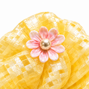 SHANZHUI Oversized Organza Scrunchie – Butter Yellow Floral – pink flower pearl detail