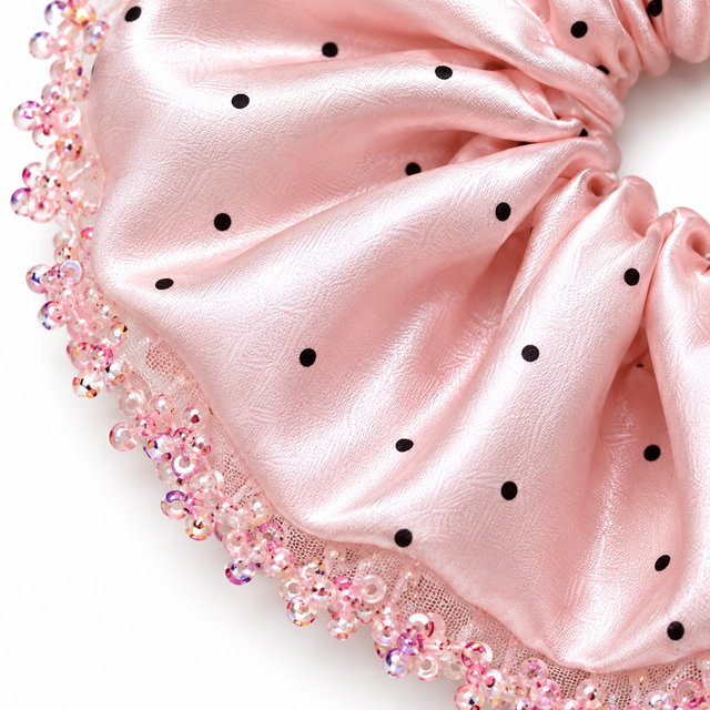 SHANZHUI Oversized Satin Scrunchie – Blush Pink Polka-Dot, Sequin Ruffle – fabric pattern texture detail
