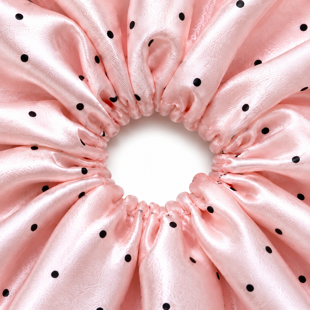SHANZHUI Oversized Satin Scrunchie – Blush Pink Polka-Dot, Sequin Ruffle – inner elastic stitching detail