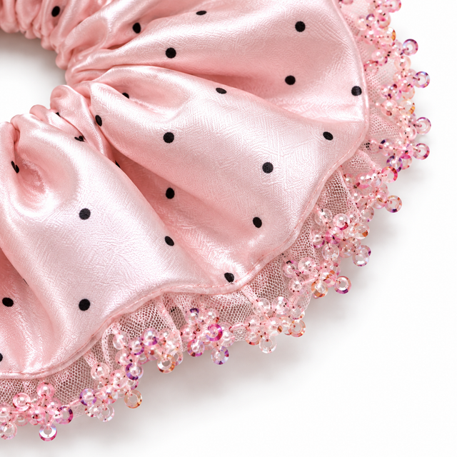SHANZHUI Oversized Satin Scrunchie – Blush Pink Polka-Dot, Sequin Ruffle – outer edge finish detail