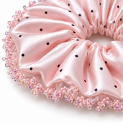 SHANZHUI Oversized Satin Scrunchie – Blush Pink Polka-Dot, Sequin Ruffle – side layer structure detail