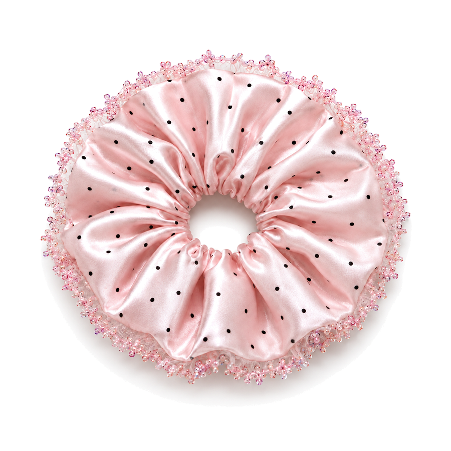 SHANZHUI Oversized Satin Scrunchie – Blush Pink Polka-Dot, Sequin Ruffle