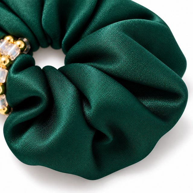 SHANZHUI Oversized Satin Scrunchie – Emerald Green Beaded – fabric pattern texture detail