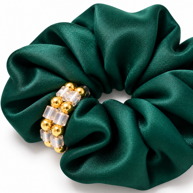 SHANZHUI Oversized Satin Scrunchie – Emerald Green Beaded – fold thickness detail