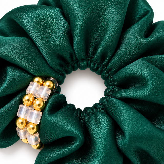 SHANZHUI Oversized Satin Scrunchie – Emerald Green Beaded – inner elastic stitching detail