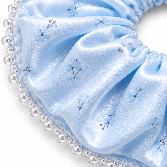 SHANZHUI Oversized Satin Scrunchie – Ice Blue Floral, Crystal Beads – fabric pattern texture detail