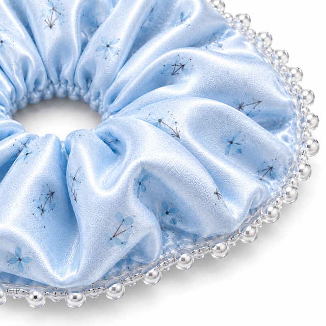 SHANZHUI Oversized Satin Scrunchie – Ice Blue Floral, Crystal Beads – fold thickness detail