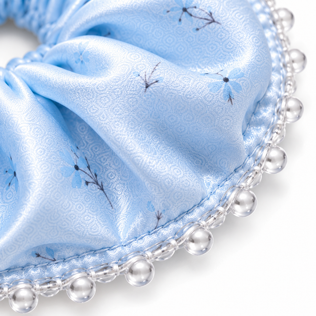 SHANZHUI Oversized Satin Scrunchie – Ice Blue Floral, Crystal Beads – outer edge finish detail