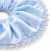 SHANZHUI Oversized Satin Scrunchie – Ice Blue Floral, Crystal Beads – decoration detail