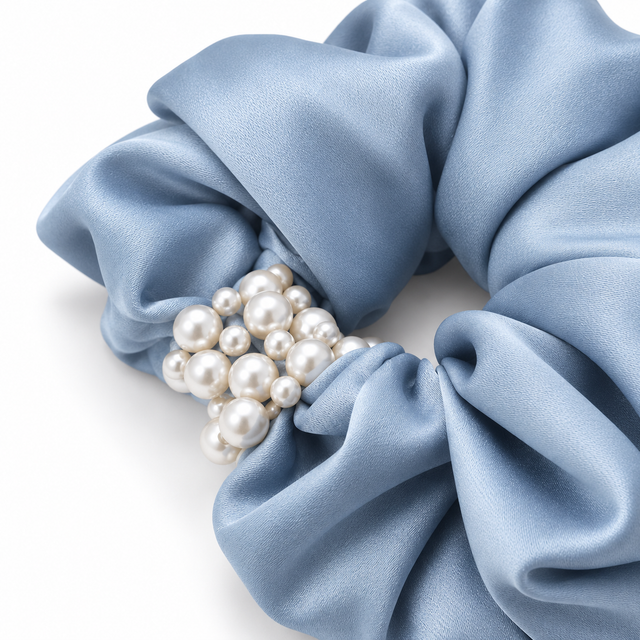 SHANZHUI Oversized Satin Scrunchie – Ice Blue Pearl – fold thickness detail
