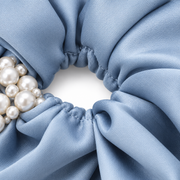 SHANZHUI Oversized Satin Scrunchie – Ice Blue Pearl – inner elastic stitching detail
