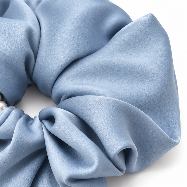 SHANZHUI Oversized Satin Scrunchie – Ice Blue Pearl – outer edge finish detail