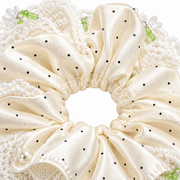 SHANZHUI Oversized Satin Scrunchie – Ivory Polka-Dot Lace – inner elastic stitching detail