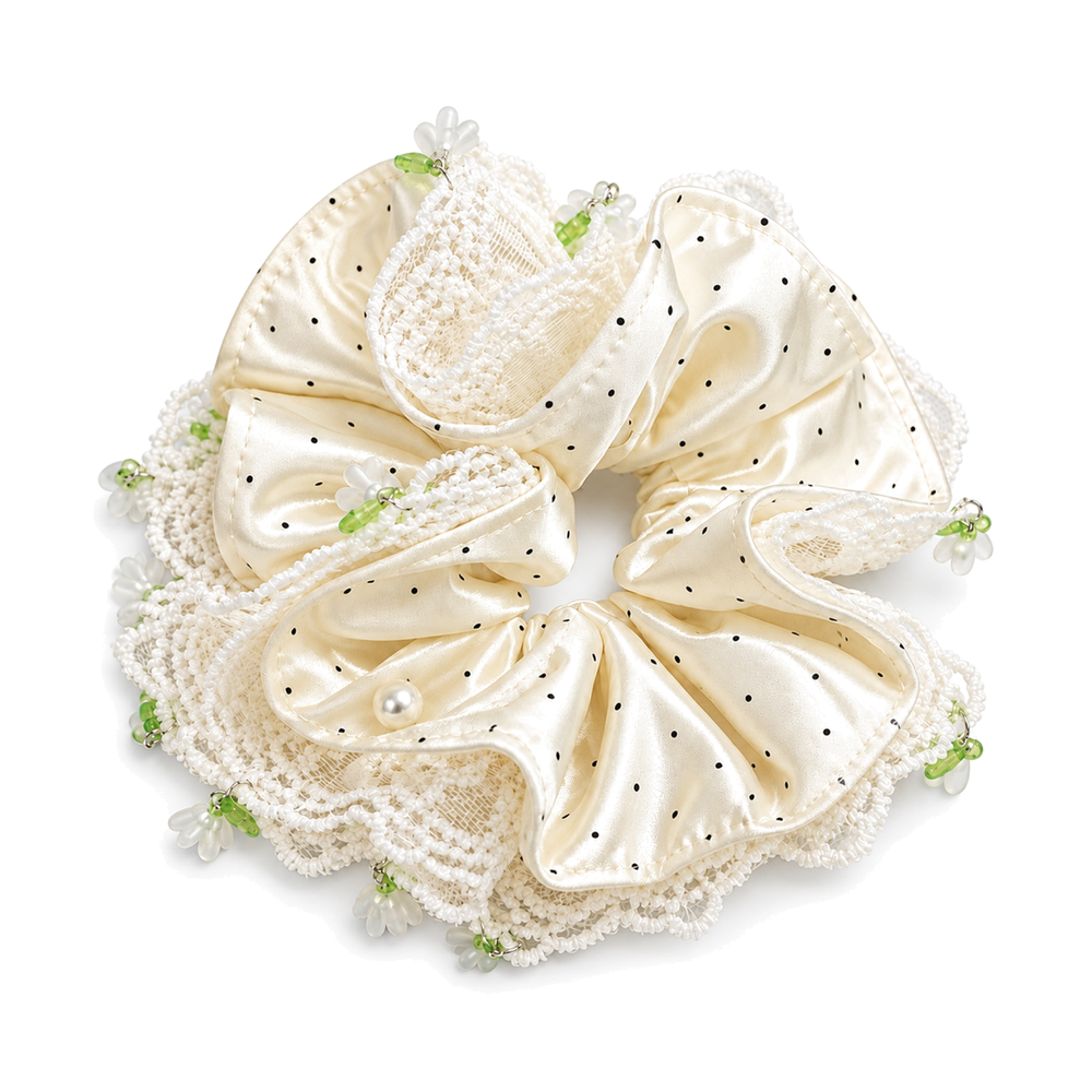 SHANZHUI Oversized Satin Scrunchie – Ivory Polka-Dot Lace