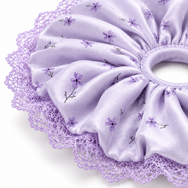 SHANZHUI Oversized Satin Scrunchie – Lavender Floral Lace – fold thickness detail