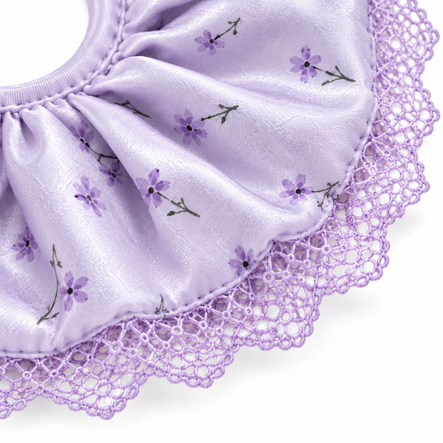 SHANZHUI Oversized Satin Scrunchie – Lavender Floral Lace – outer edge finish detail