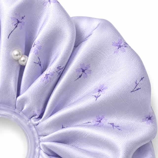 SHANZHUI Oversized Satin Scrunchie – Lilac Floral Pearl – fabric pattern texture detail