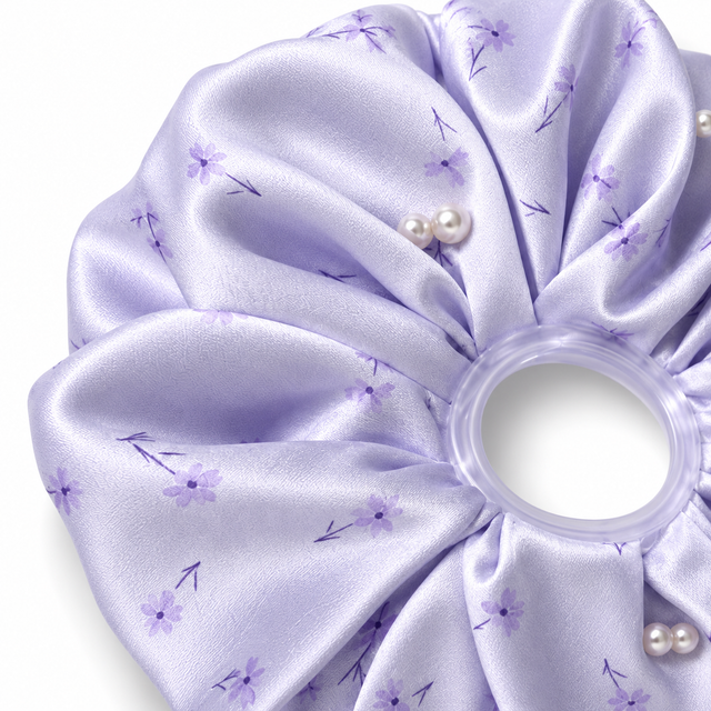 SHANZHUI Oversized Satin Scrunchie – Lilac Floral Pearl – fold thickness detail