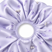 SHANZHUI Oversized Satin Scrunchie – Lilac Floral Pearl – inner elastic stitching detail