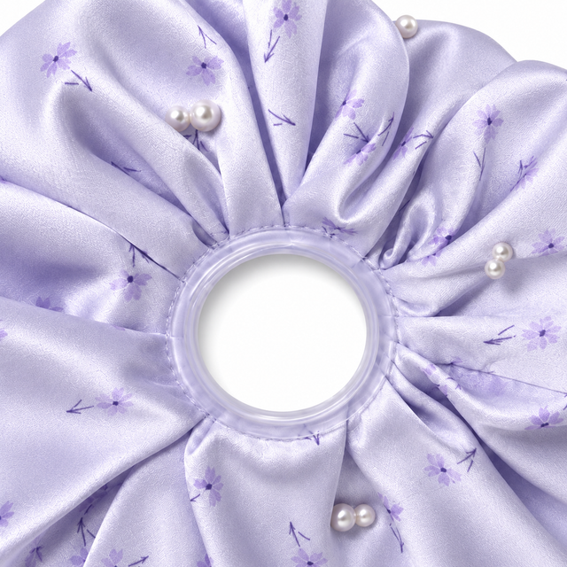 SHANZHUI Oversized Satin Scrunchie – Lilac Floral Pearl – inner elastic stitching detail