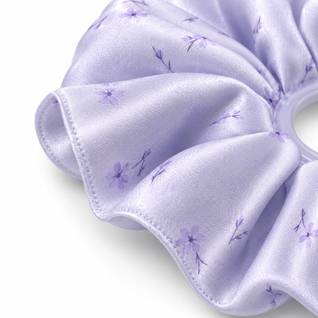 SHANZHUI Oversized Satin Scrunchie – Lilac Floral Pearl – outer edge finish detail