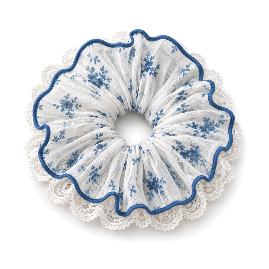 SHANZHUI Oversized Scrunchie – Blue Floral Lace