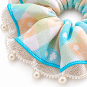 SHANZHUI Oversized Scrunchie – Pastel Plaid Pearl Lace, Blue Trim – fold volume detail