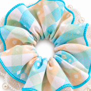 SHANZHUI Oversized Scrunchie – Pastel Plaid Pearl Lace, Blue Trim – inner elastic stitching detail
