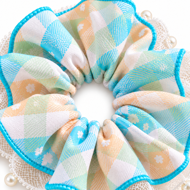 SHANZHUI Oversized Scrunchie – Pastel Plaid Pearl Lace, Blue Trim – inner elastic stitching detail