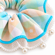 SHANZHUI Oversized Scrunchie – Pastel Plaid Pearl Lace, Blue Trim – aqua piped edge detail