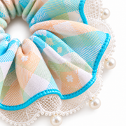 SHANZHUI Oversized Scrunchie – Pastel Plaid Pearl Lace, Blue Trim – pearl lace trim detail