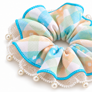 SHANZHUI Oversized Scrunchie – Pastel Plaid Pearl Lace, Blue Trim – side layer construction detail