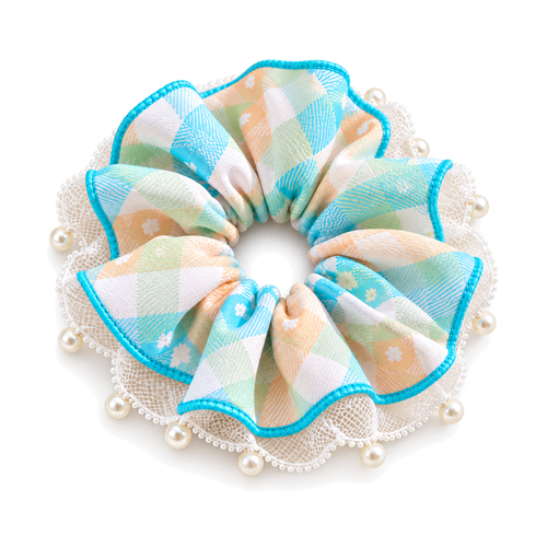 SHANZHUI Oversized Scrunchie – Pastel Plaid Pearl Lace, Blue Trim