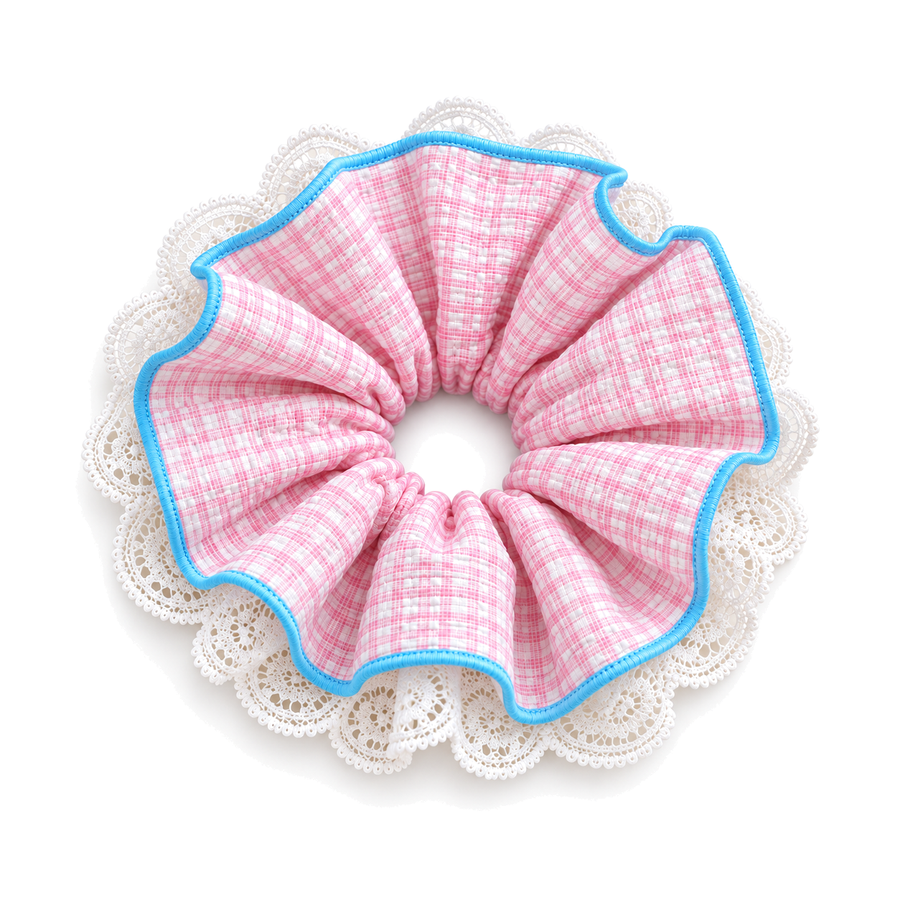SHANZHUI Oversized Scrunchie – Pink Plaid Lace, Blue Trim