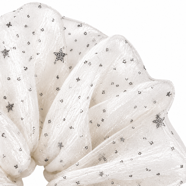 SHANZHUI Oversized Scrunchie – White Star Organza, Silver Glitter – fold volume detail