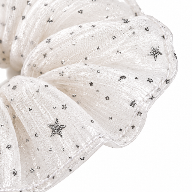 SHANZHUI Oversized Scrunchie – White Star Organza, Silver Glitter – outer hem finish detail