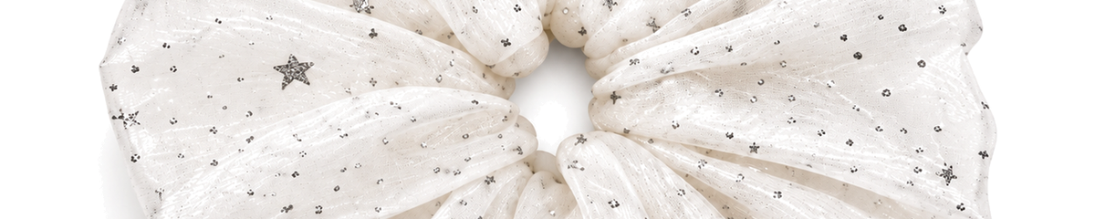 SHANZHUI Oversized Scrunchie – White Star Organza, Silver Glitter