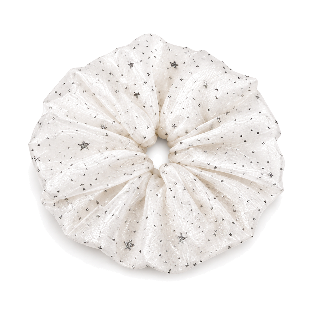 White Star Organza Oversized Scrunchie with Silver Glitter