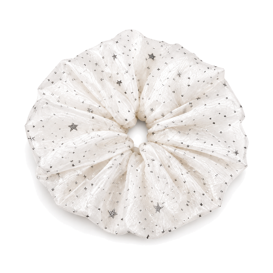 SHANZHUI Oversized Scrunchie – White Star Organza, Silver Glitter