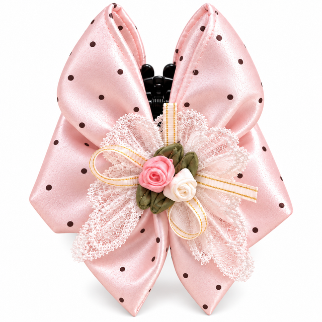 SHANZHUI Pink Polka-Dot Bow Hair Claw Clip – Lace & Roses – main decoration structure detail