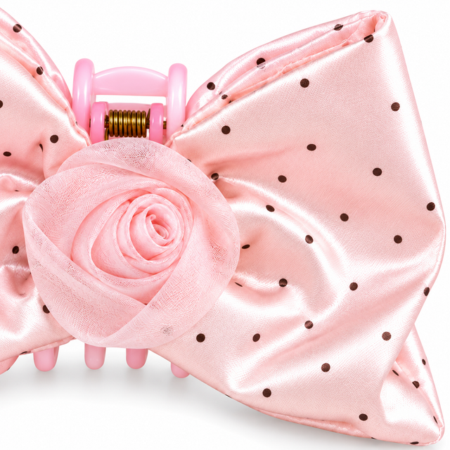 SHANZHUI Pink Polka-Dot Bow Hair Claw Clip – Rose Detail – main decoration structure detail