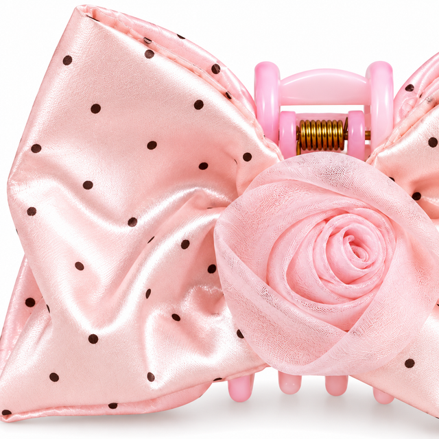 SHANZHUI Pink Polka-Dot Bow Hair Claw Clip – Rose Detail – edge connection craft detail