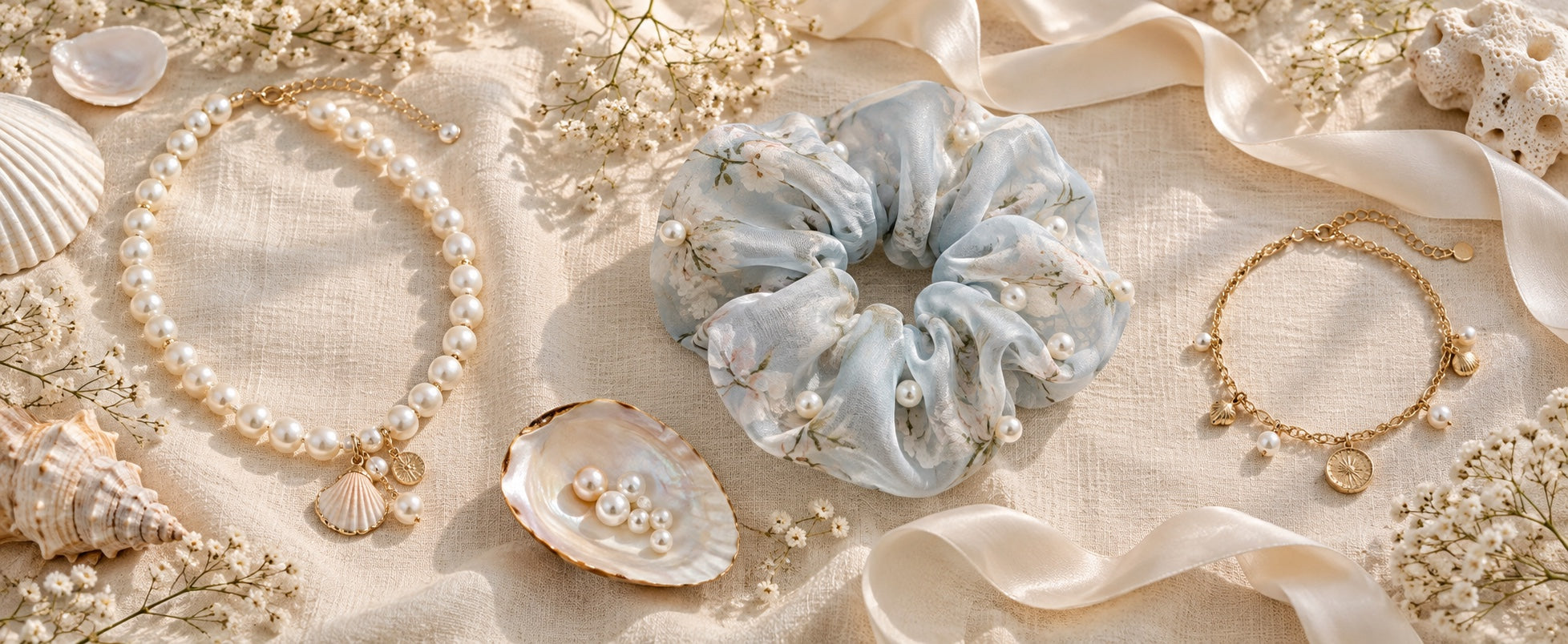 Pearl, hair and bracelet accessories arranged on ivory linen